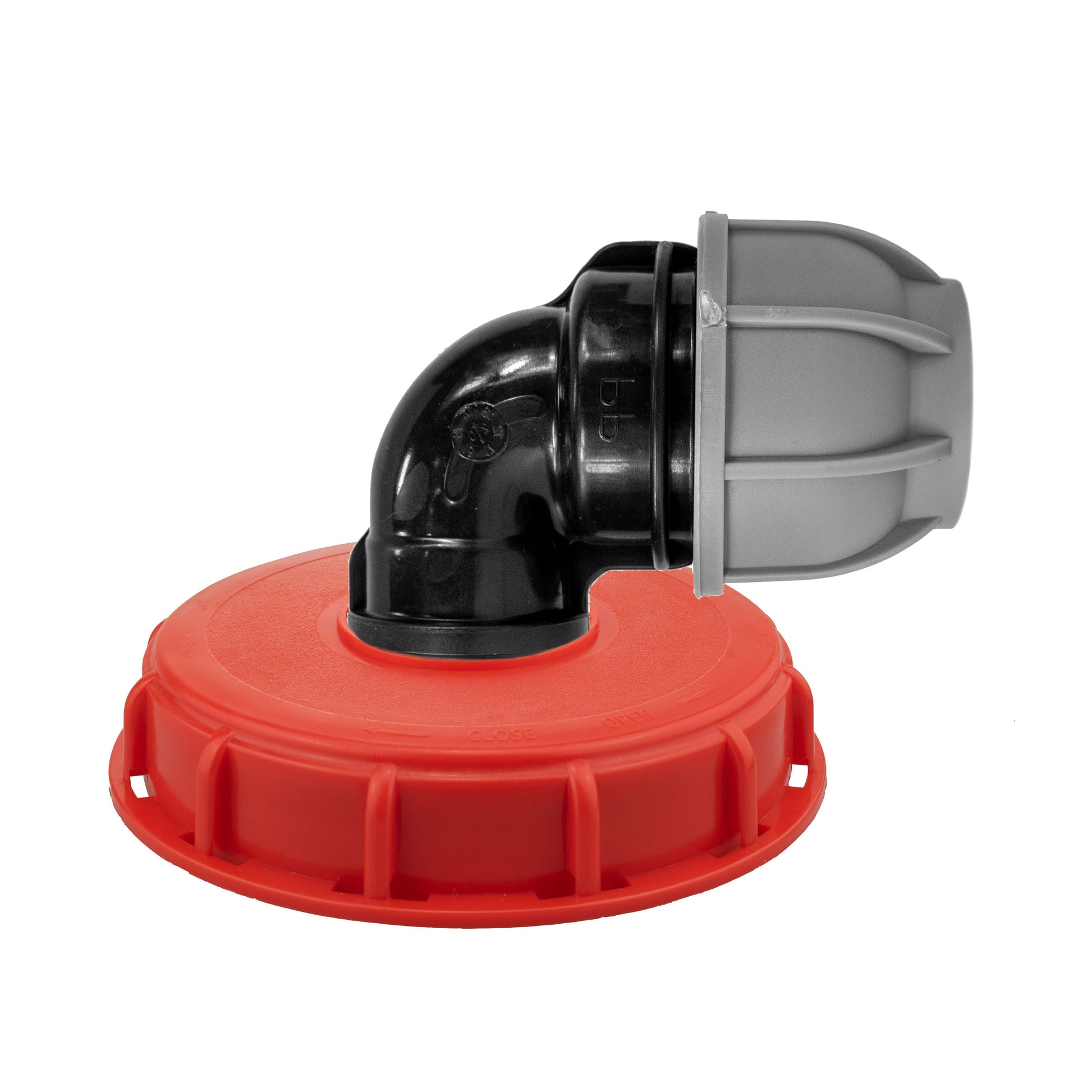 IBC 6-inch cap kit: red base, black 50mm elbow, gray outlet connector.