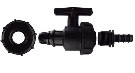 Black IBC outlet cap with large plastic valve and 16mm barbed straight connection