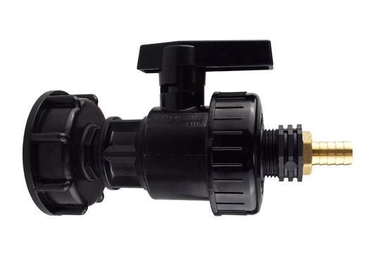 IBC S60X6 cap with large plastic valve and 13mm brass barb outlet