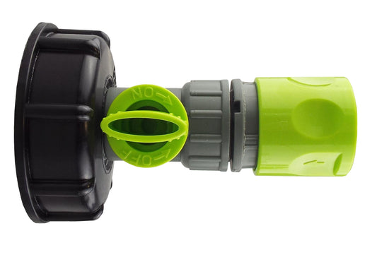 IBC 2” S60X6 Cap with lime green hose connector and gray BSP threaded valve