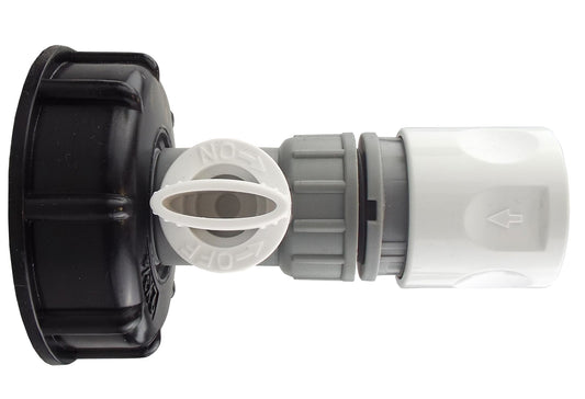 IBC 2” cap with valve and hose connector, BSP thread coupling, dark/gray and white parts