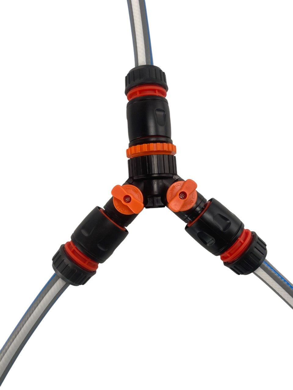 3-way hose connector with valve, black and orange