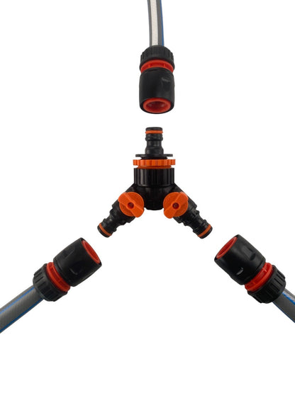 3-way splitter hose connector, black body with orange caps and valve