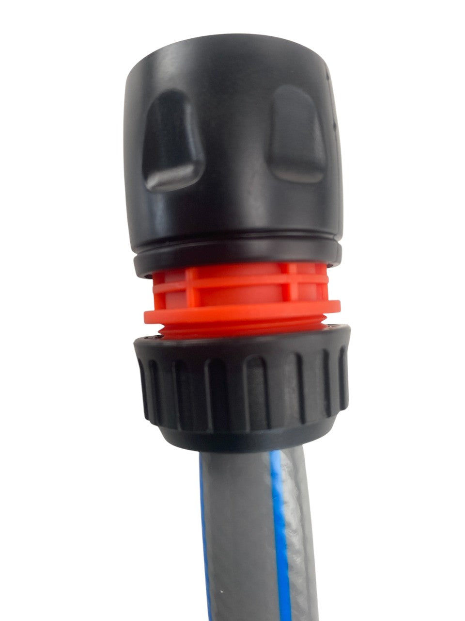 Single valve connector head, black plastic with orange ring and blue hose