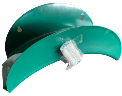 Green metal hose hanger with circular mount holes and bundled fastener pack