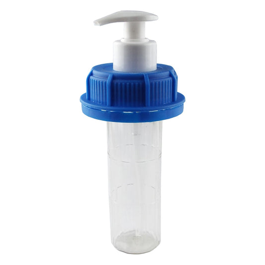 Blue jerry can soap dispenser with clear bottle and white pump
