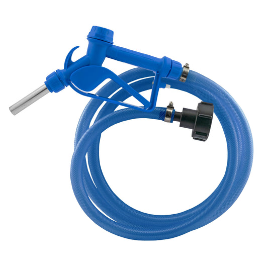 Blue Ad-Blue metal fuel gun with 3/4” hose and tank adaptor, connected to blue hose
