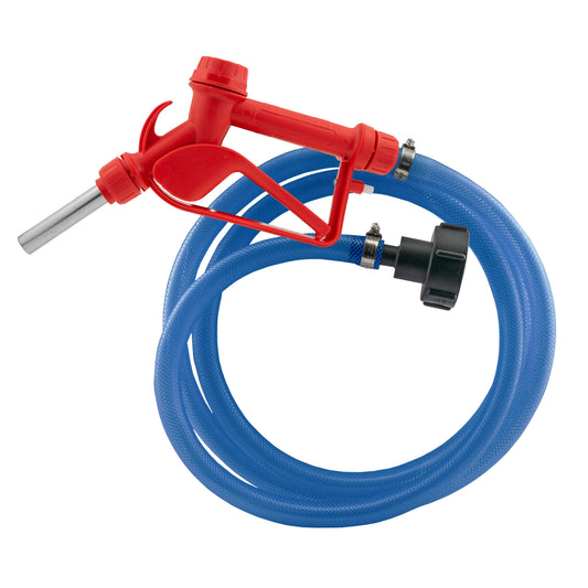 Red metal Ad-Blue fuel gun with ¾” hose adaptor and blue hose loop