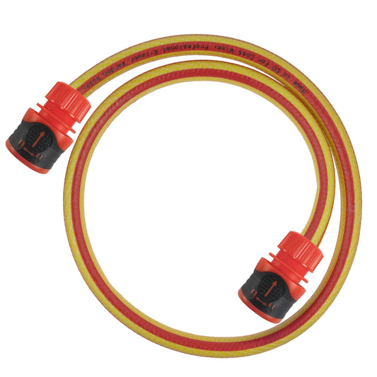 Yellow garden hose with orange lock connectors, looped with two ends