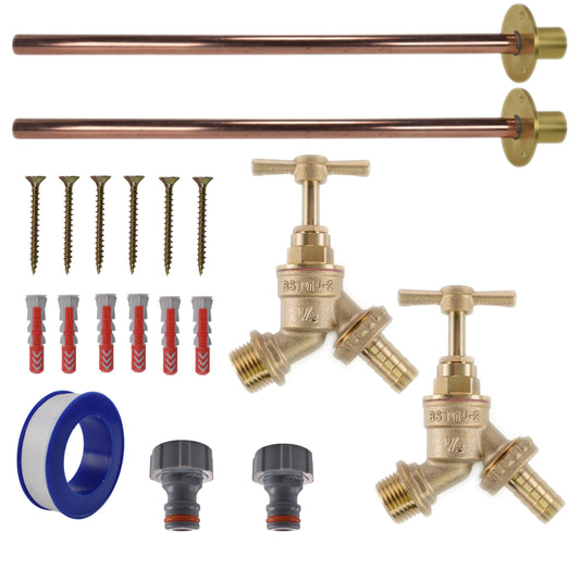 Brass barbed tap kit x2: two pipes, brass fittings, screws and hose connectors
