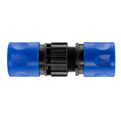 Blue threaded hose quick connector set—male/female ends with black gear coupling