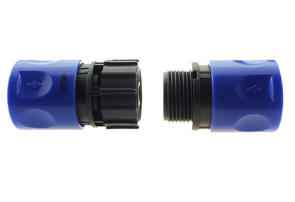 Blue quick connector coupling with arrow markings and stop label on the connection ends