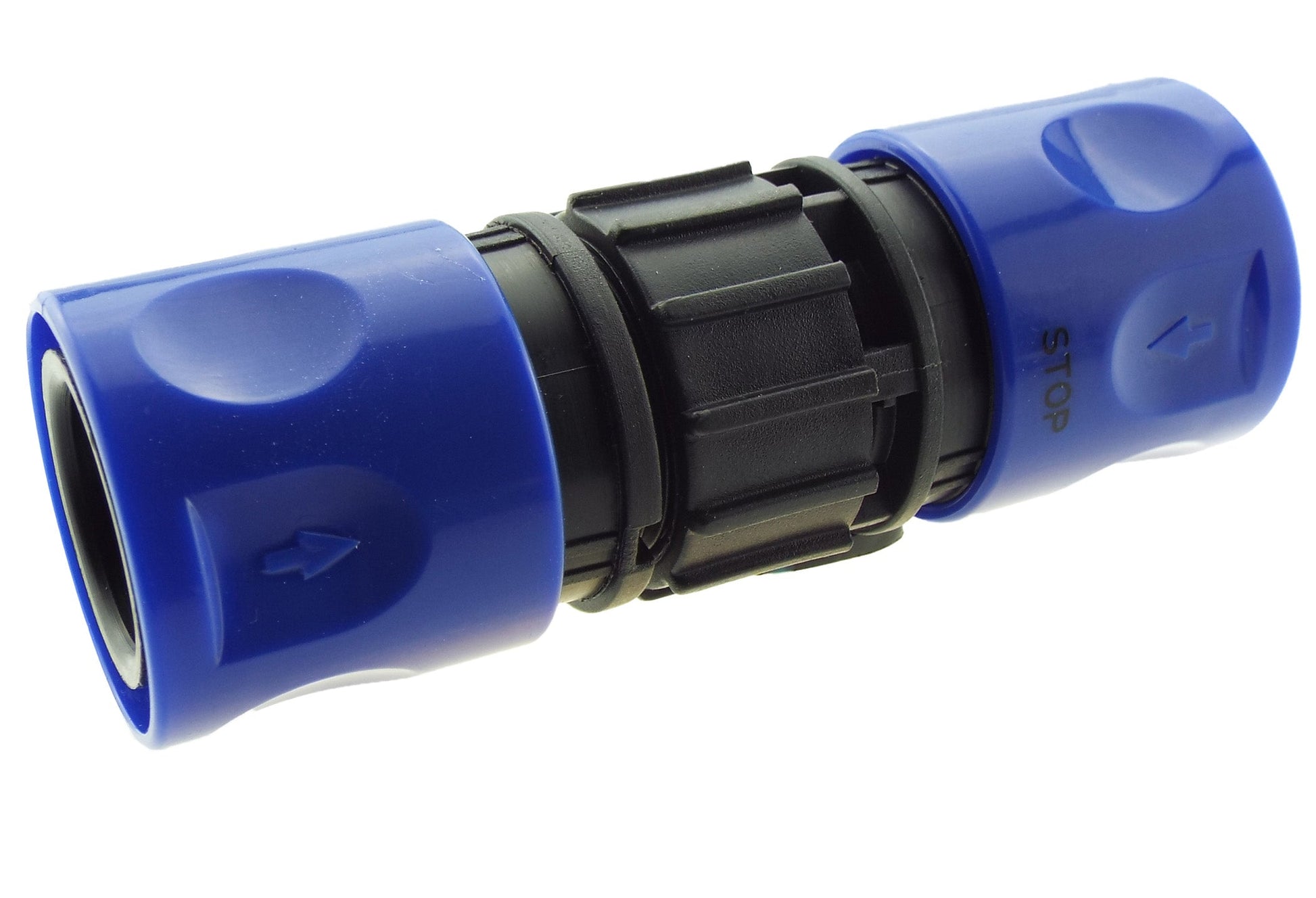 Blue threaded hose connector with black ribbed coupling and visible directional arrows