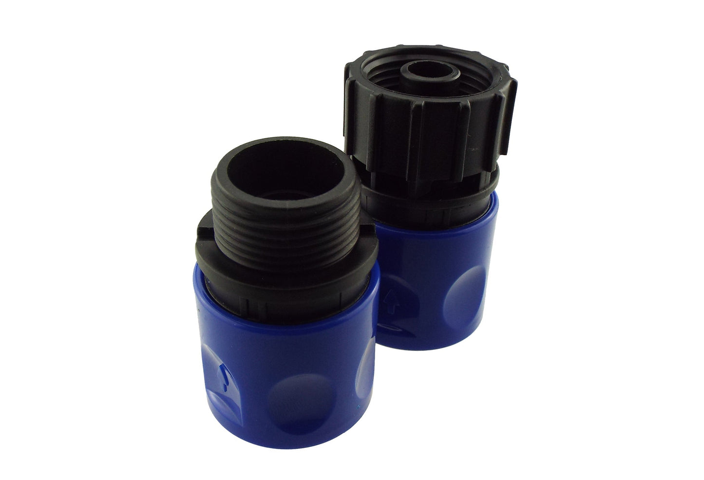 Two-piece blue hose quick connector set with male-threaded fitting and capped end