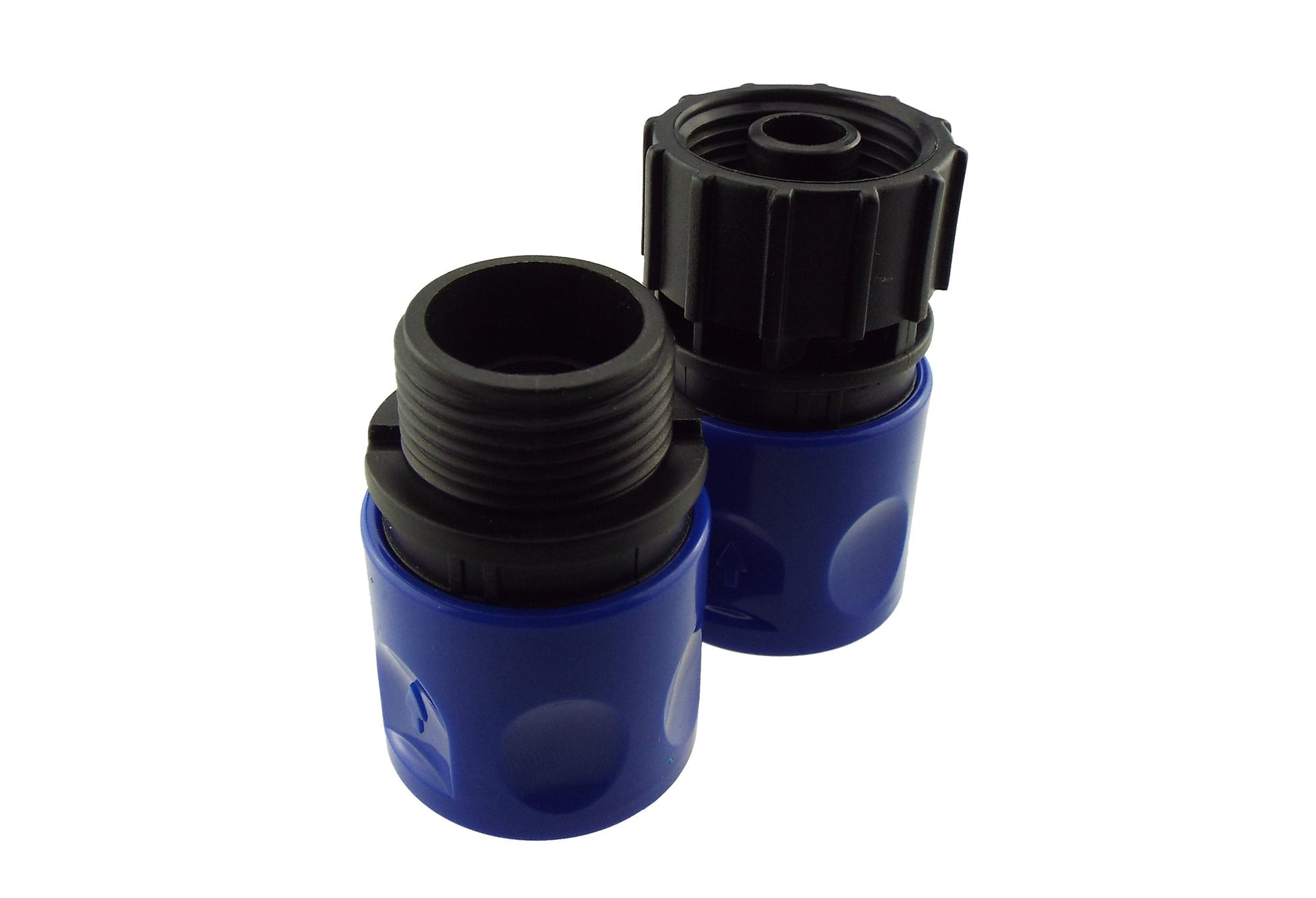Two-piece blue hose quick connector set with male-threaded fitting and capped end