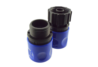 Blue hose quick connector set with two threaded fittings, black collar, and arrow icons