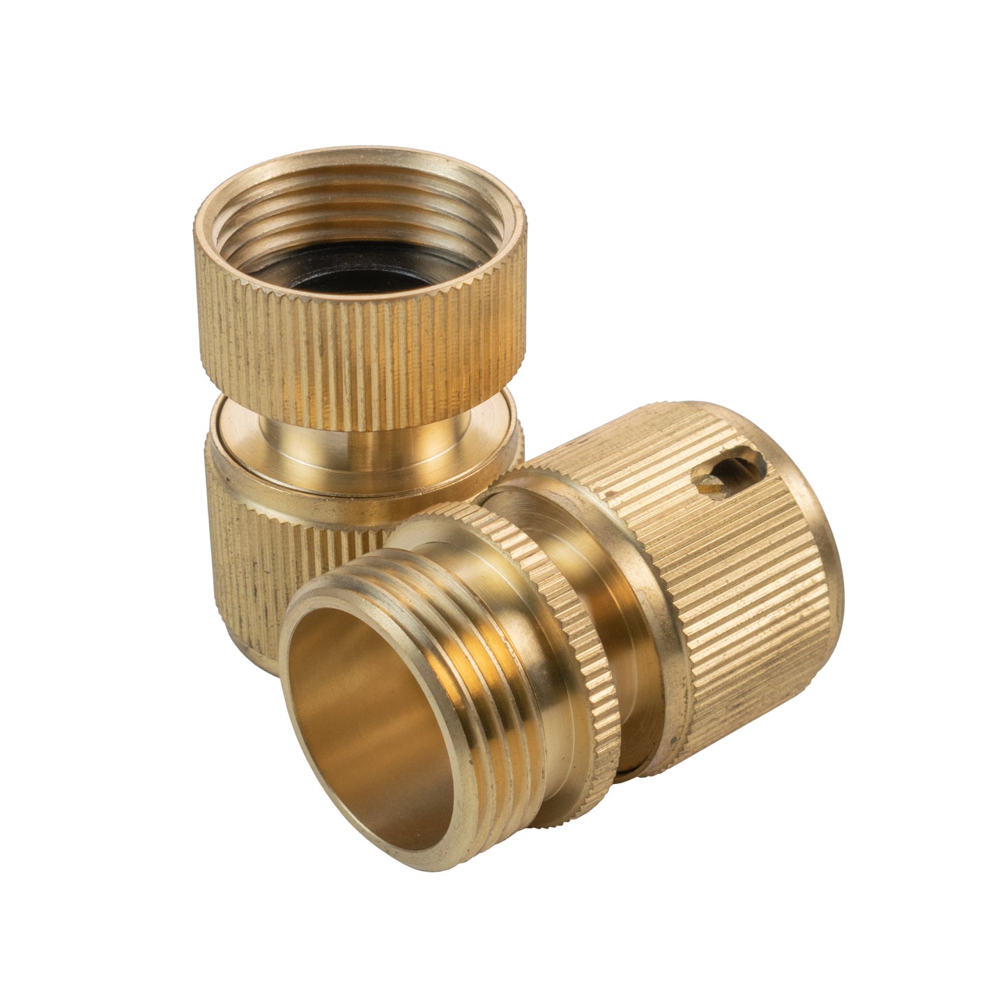 Brass quick connector, angled coupling with ribbed grip and internal threads