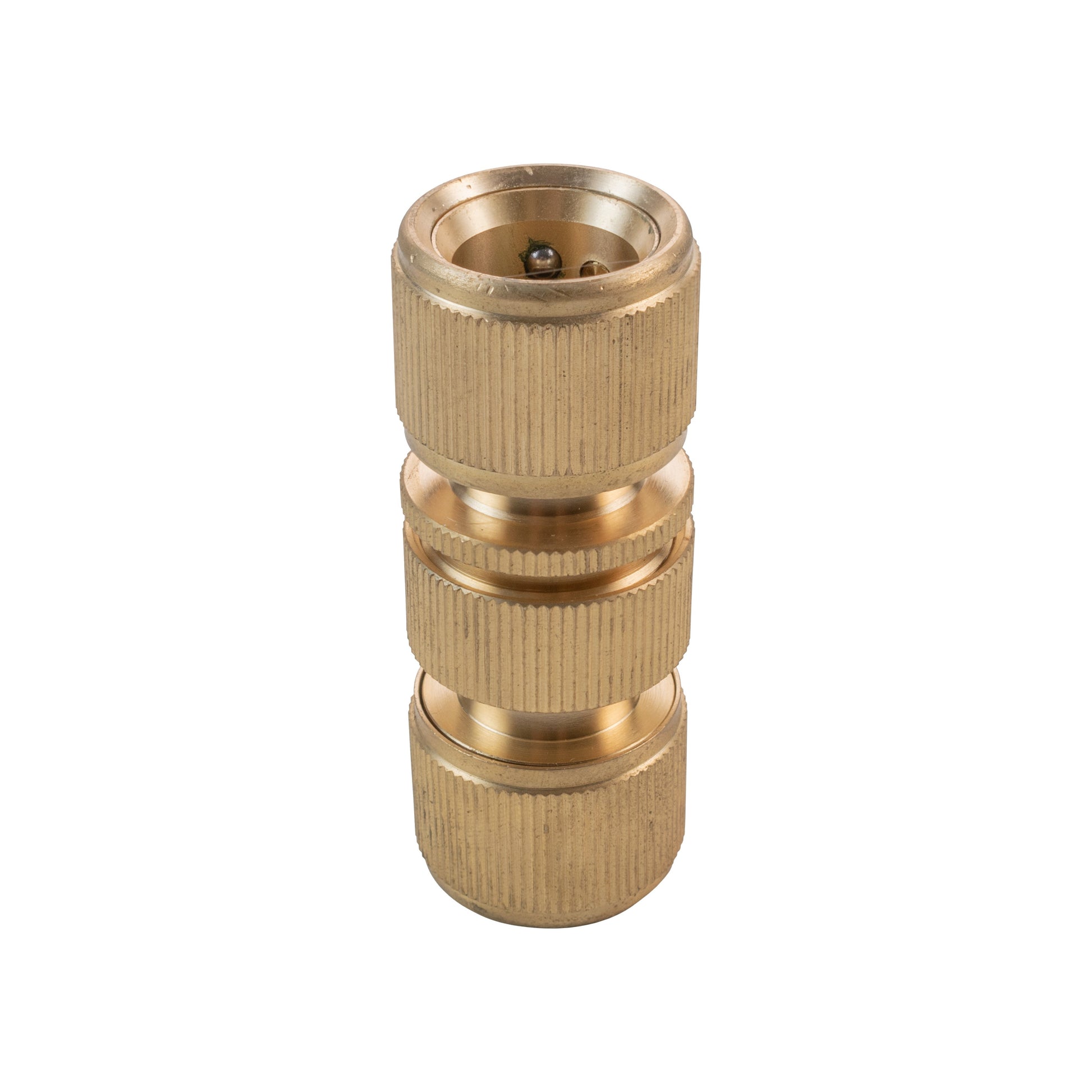 Brass quick connector plug, visible internal latch ball and knurled grip