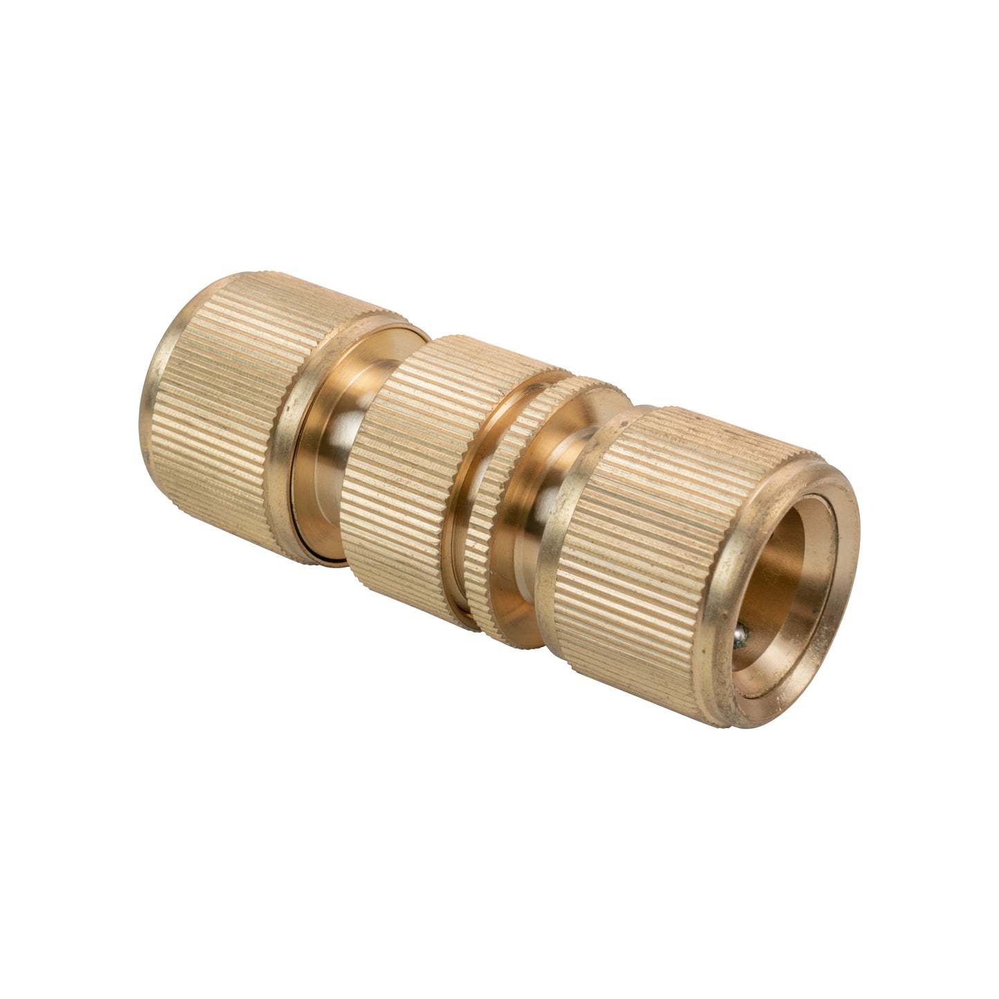 Brass quick connector, side view of ribbed coupling with threaded ports