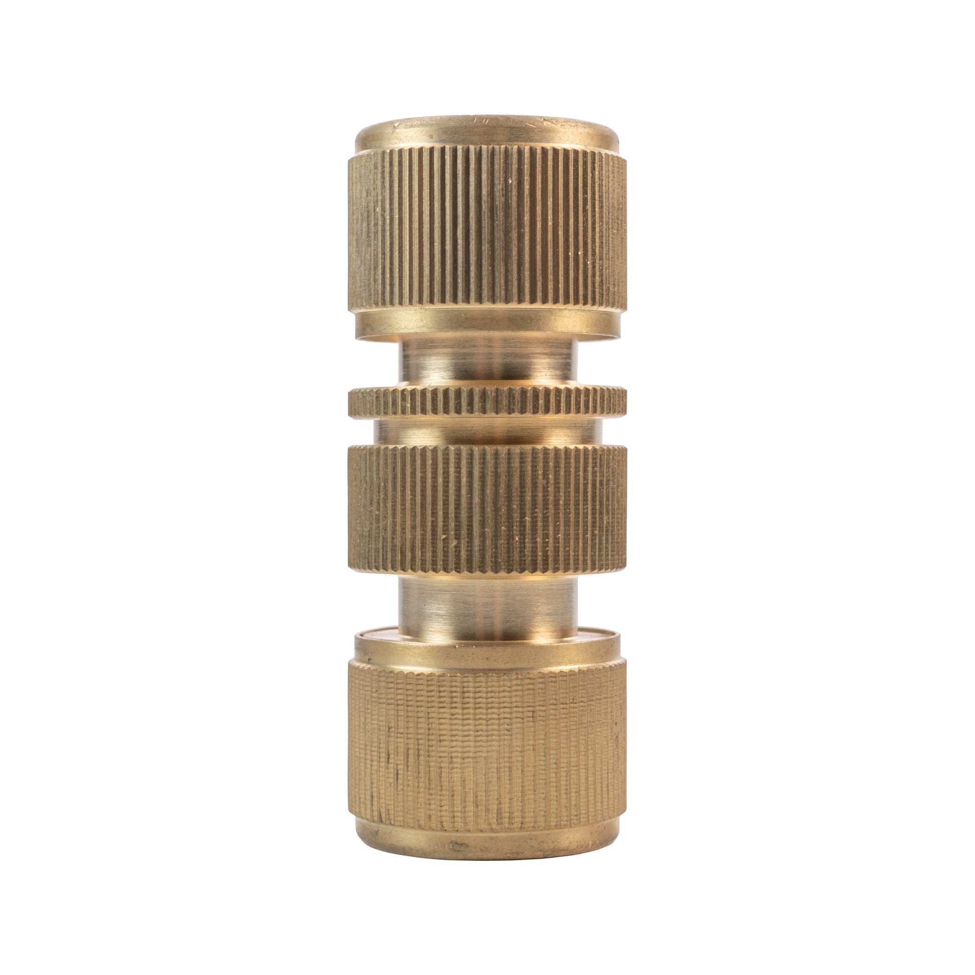 Brass quick connector, close-up of knurled sections and threaded ports