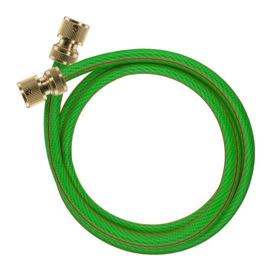 Green garden hose coils with brass hose connectors, flexible rubber tubing loops
