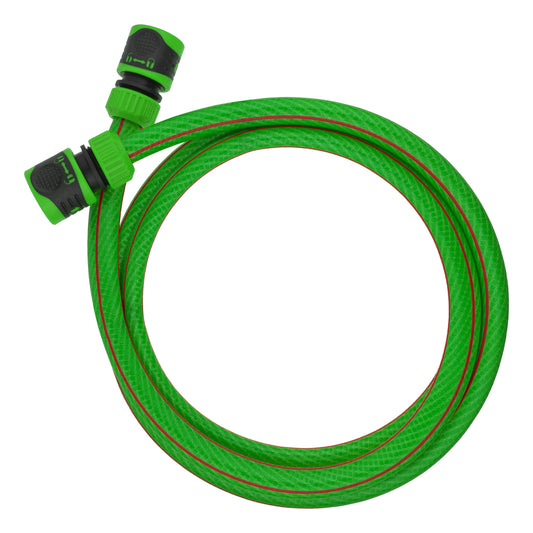 Green garden hose coil with green lock connectors and black grip ends