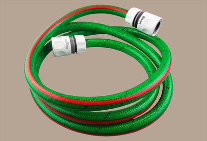 Green garden hose set with white connectors and flexible braided hose