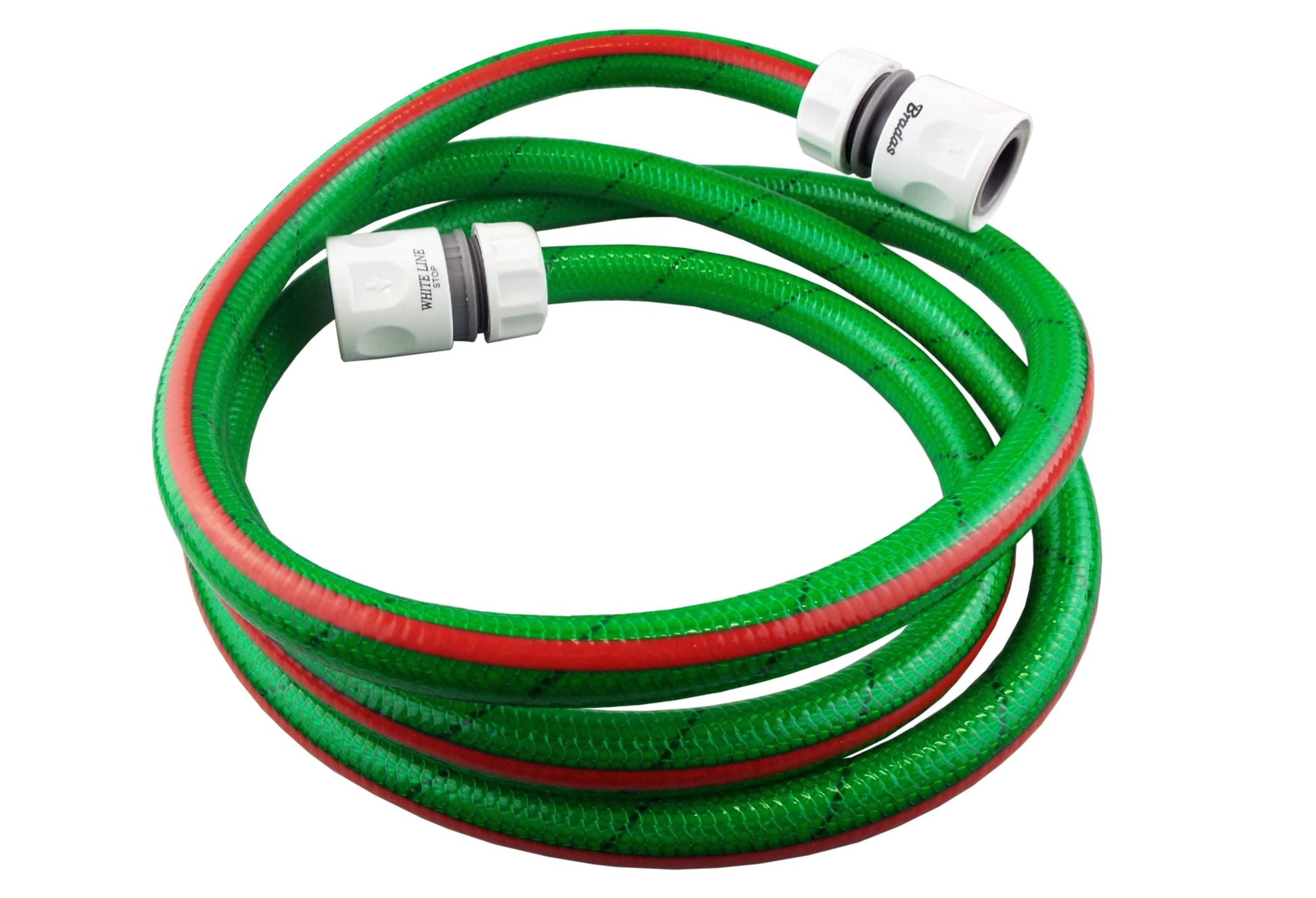 Looped green garden hose with white connectors, flexible braided texture