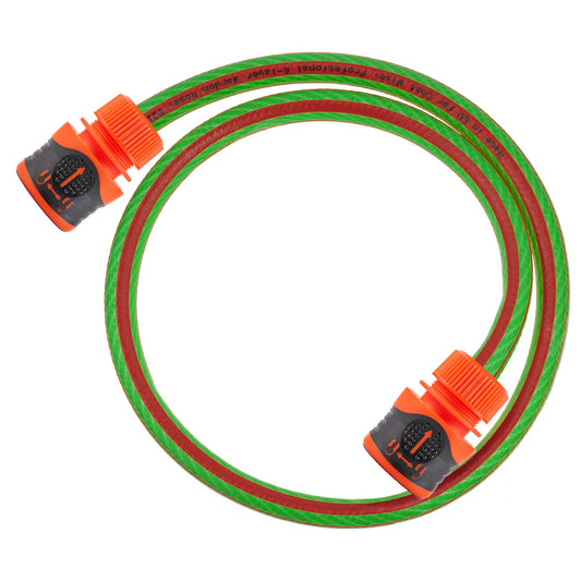 Green garden hose with orange lock connectors, coiled length and fittings