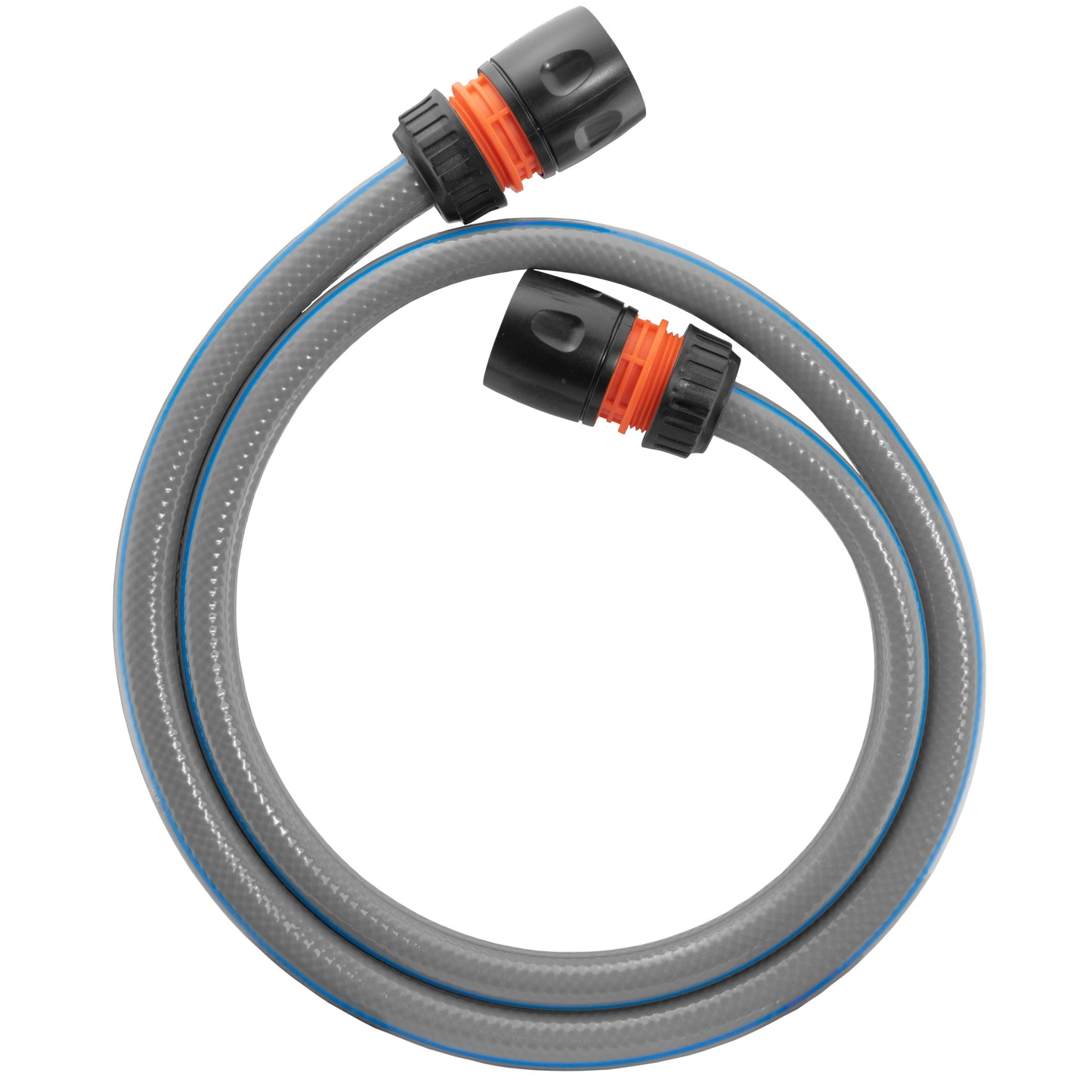 Gray garden hose coil with black connectors and orange ring ends