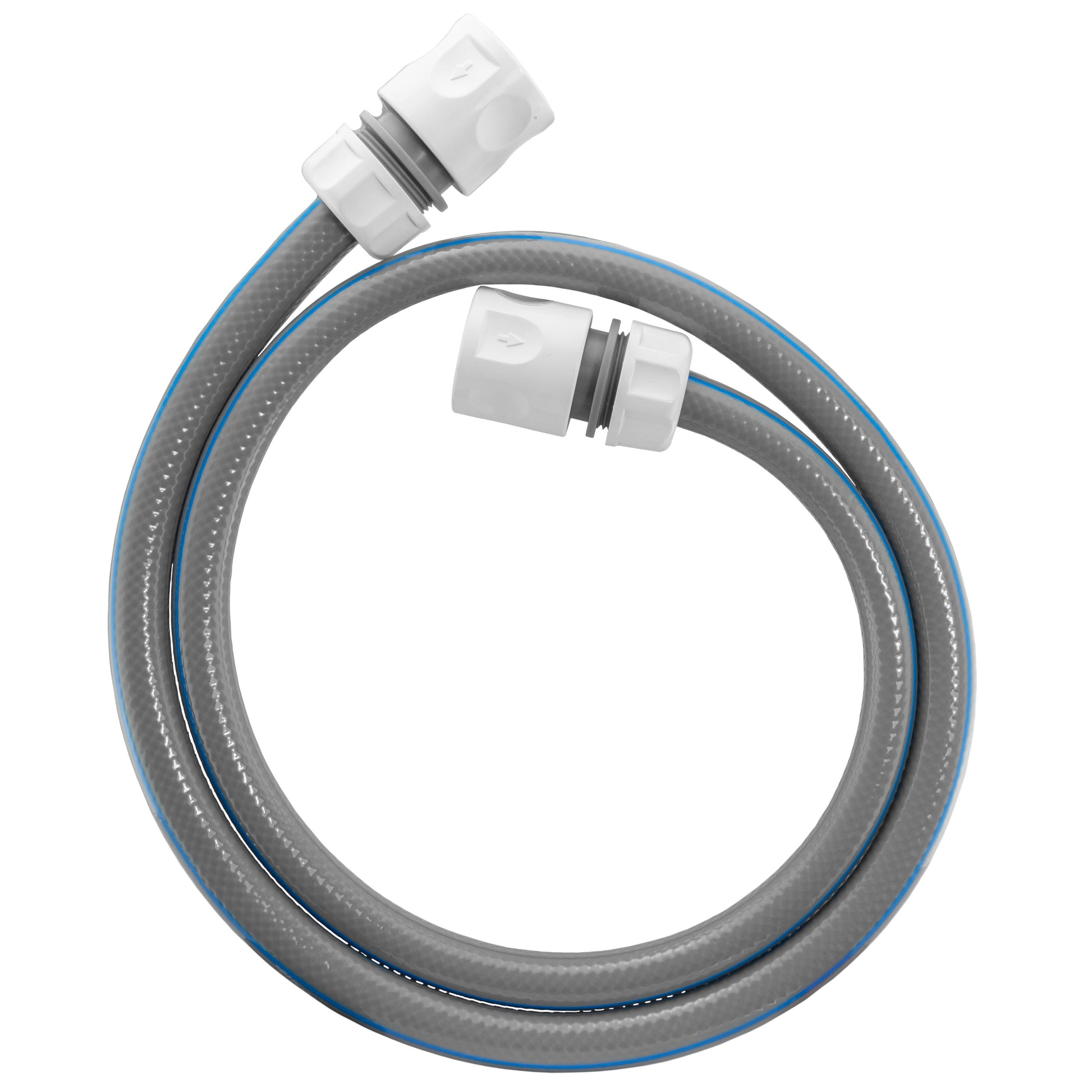 Gray garden hose set with two white connectors and end fittings