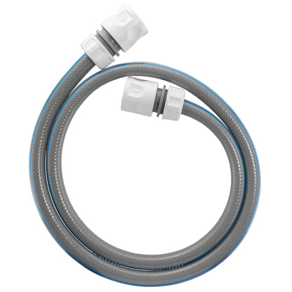 Gray garden hose set with two white connectors and end fittings