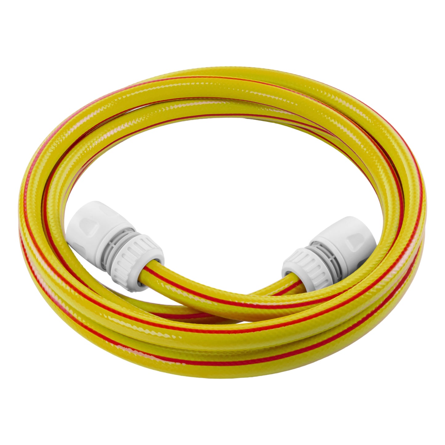 Yellow garden hose set, coiled hose with two gray connectors