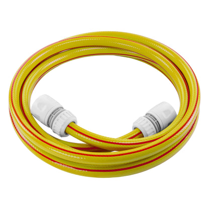 Yellow garden hose set, coiled hose with two gray connectors
