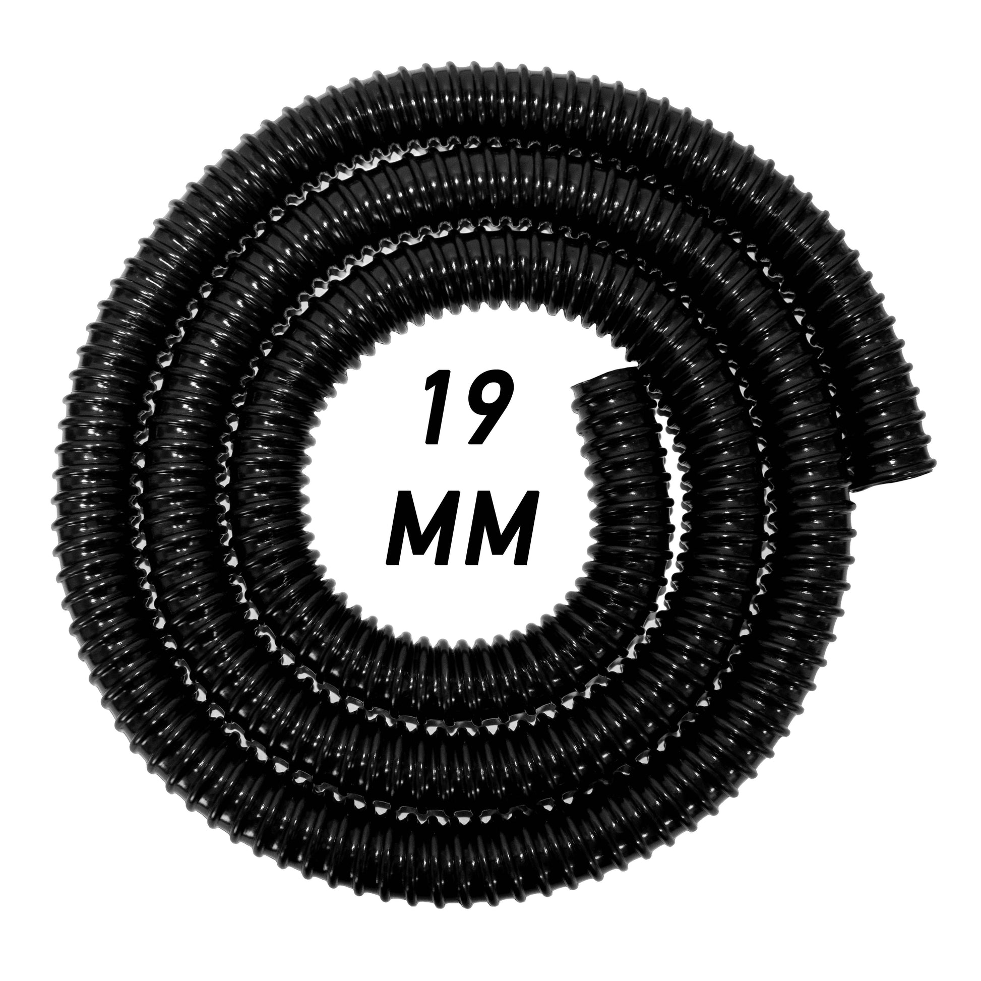 Corrugated pipe coil marked “19 MM”, 3/4" (19mm) black.
