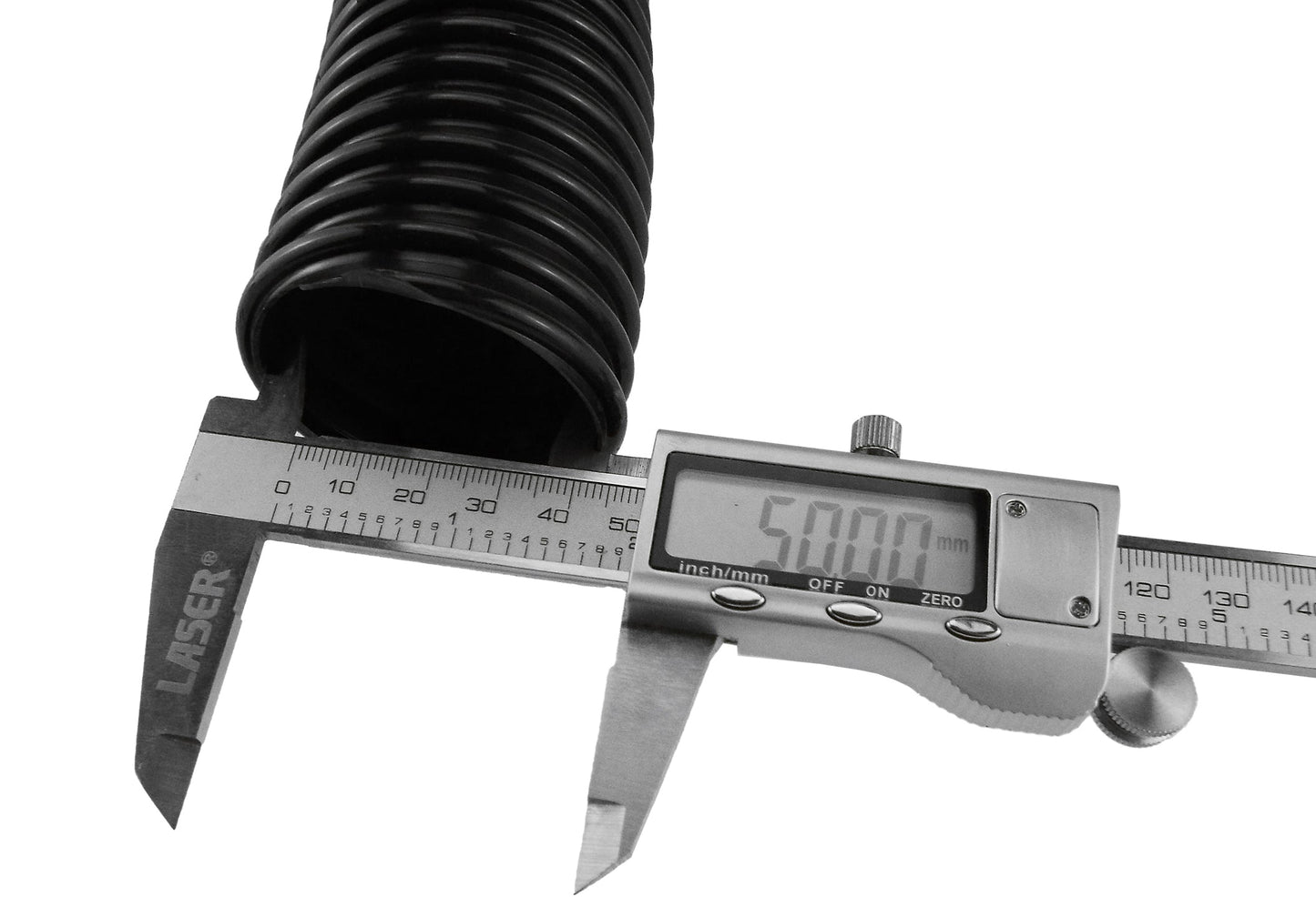 Corrugated pipe end with 2 in (50 mm) measurement gauge calipers