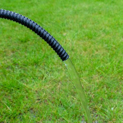 2 in (50 mm) corrugated pipe watering stream from black ridged hose