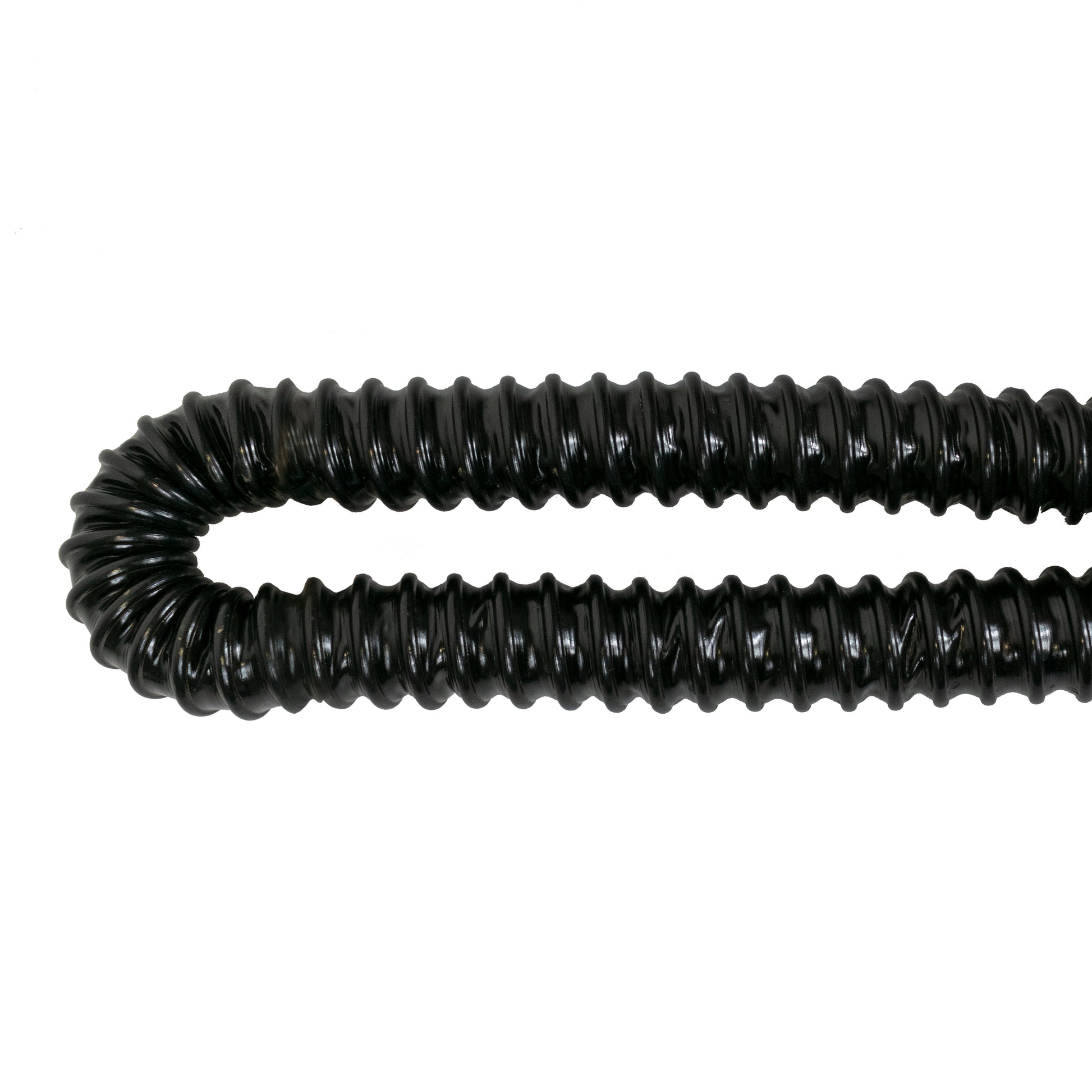 Two parallel runs of black corrugated pipe, 2 in (50 mm) ridged texture close-up