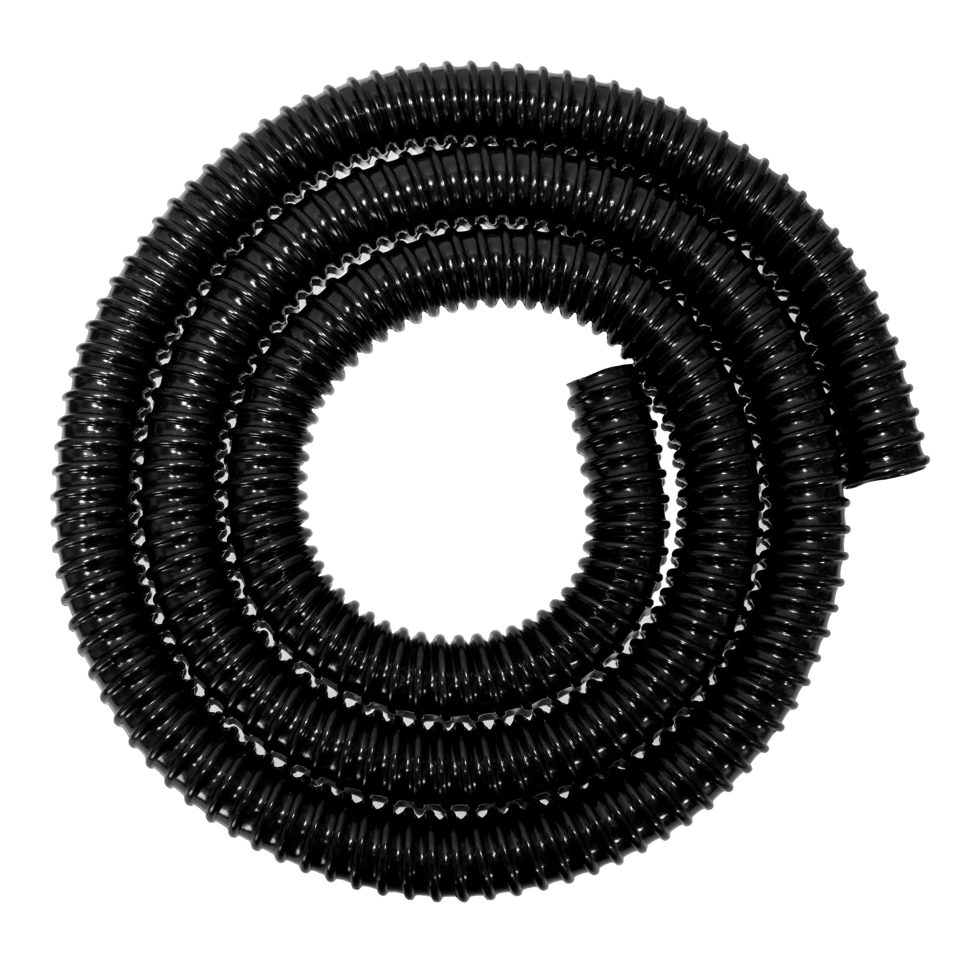 Black 1.5" (40mm) corrugated pipe coil, multiple ridged turns
