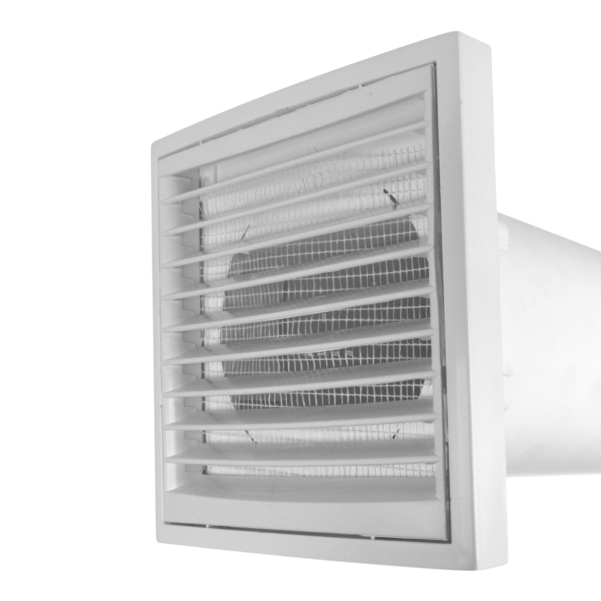 White louvred wall vent with horizontal blades and fine mesh backing