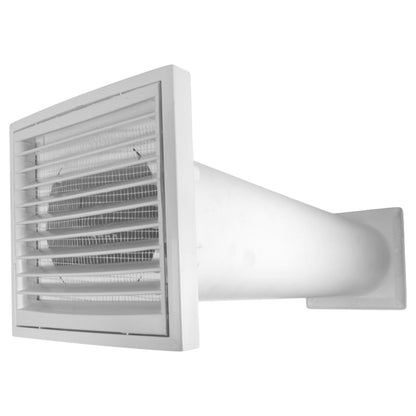 External vent kit with white louvred grille and long round duct outlet