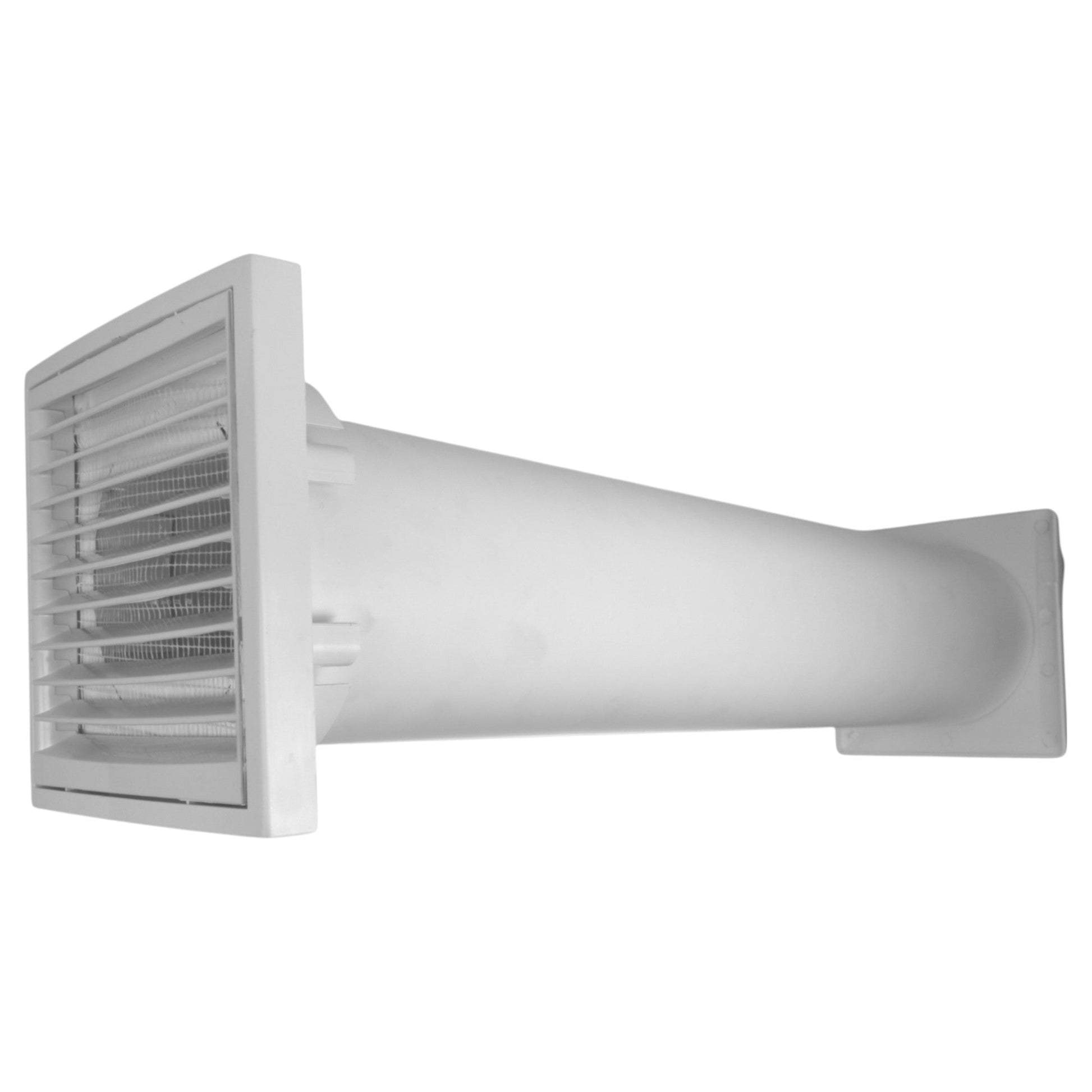 White through-wall vent grille with extended round duct and side outlet