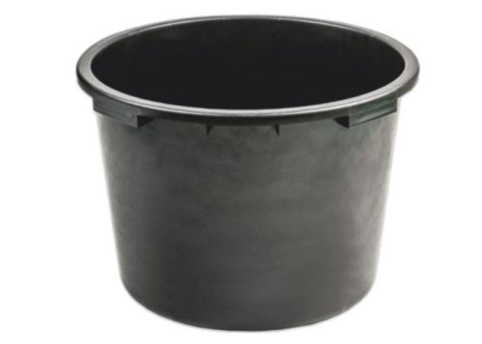 Round mixing tub, black plastic pail with wide opening and thick upper rim