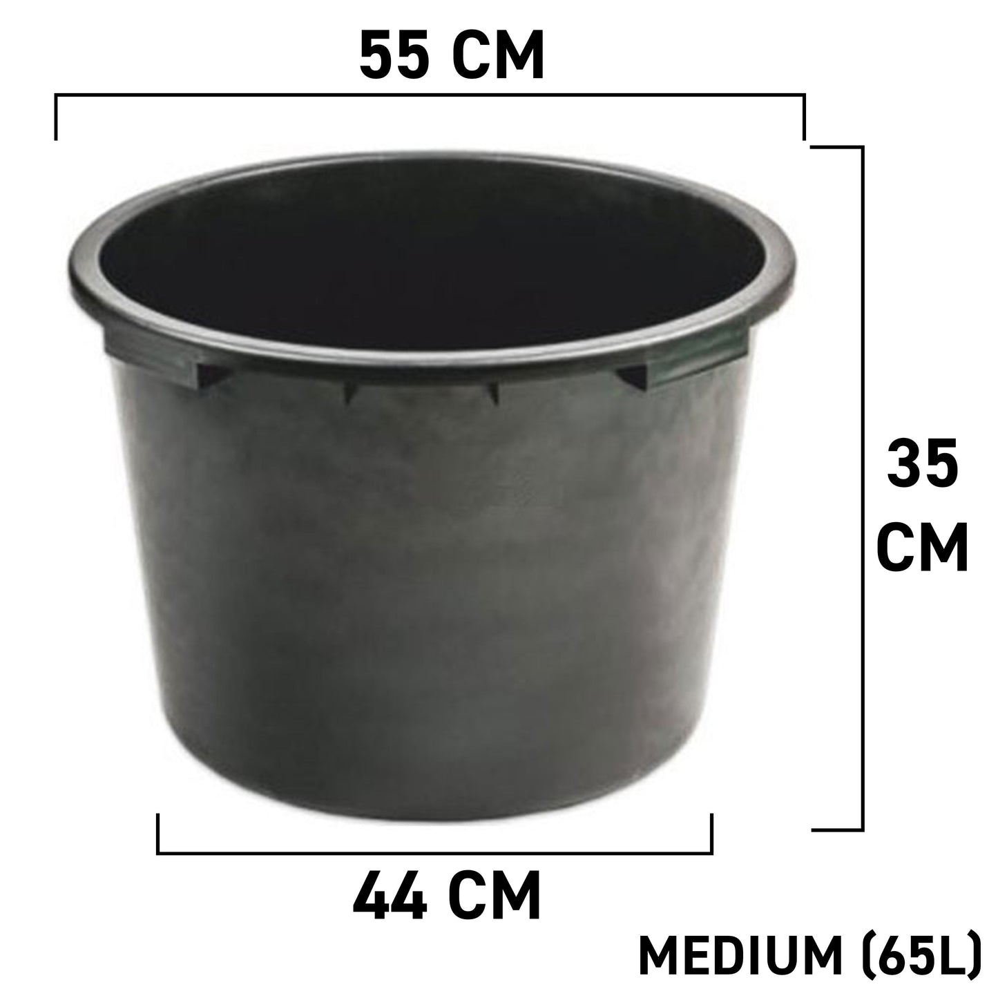 Round mixing tub 65L, black plastic with thick rim, dimensions 55x44x35cm shown