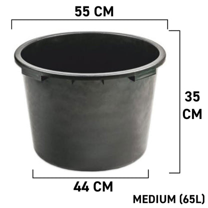 Round mixing tub 65L, black plastic with thick rim, dimensions 55x44x35cm shown
