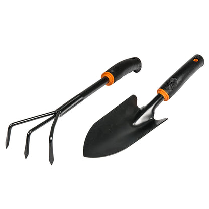 Garden tool set: wide spade and cultivator with black handles and orange accents