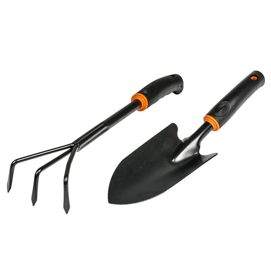 Garden tool set: wide spade and cultivator with black handles and orange accents