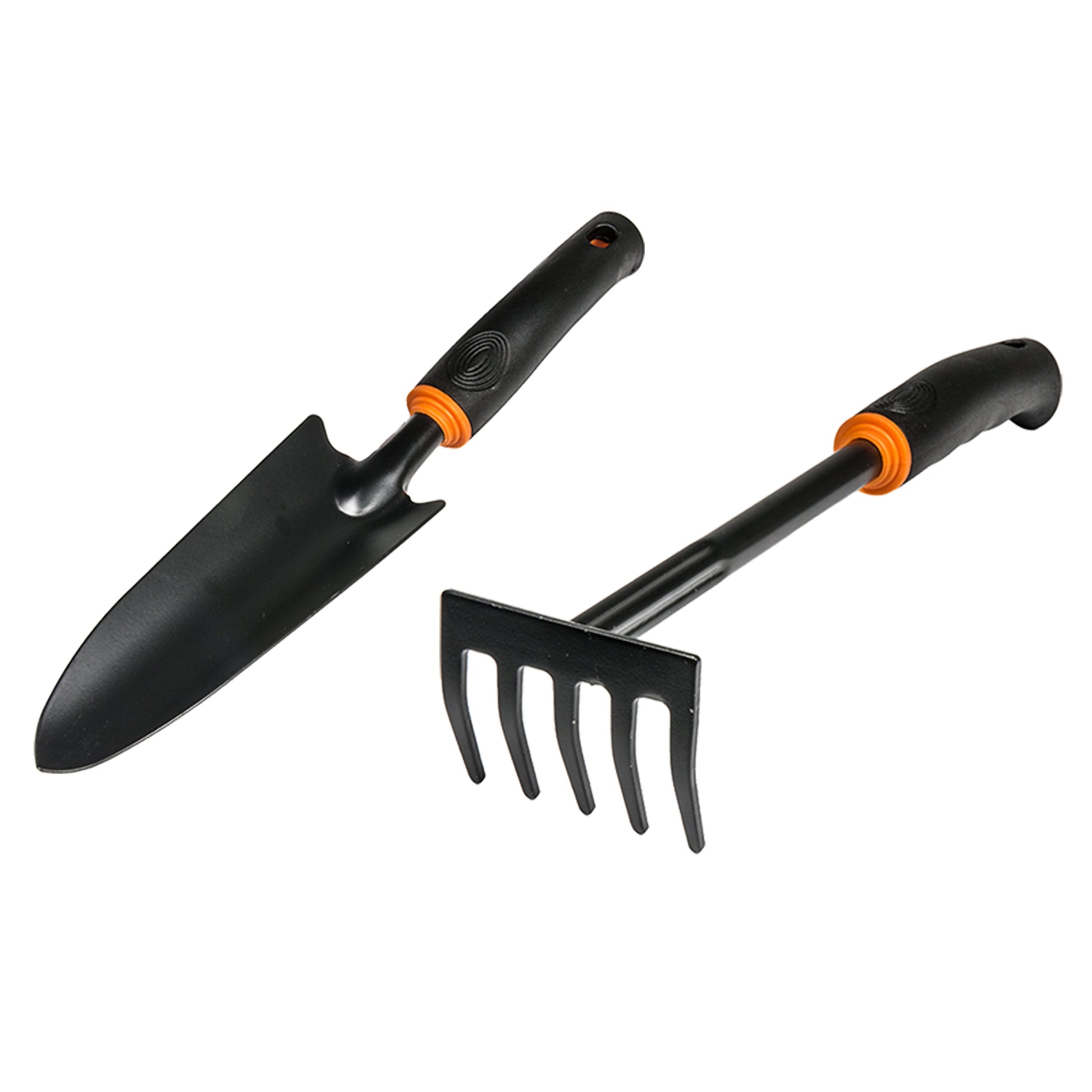 Garden tool set: 5-tooth rake and narrow spade with black handles and orange grips