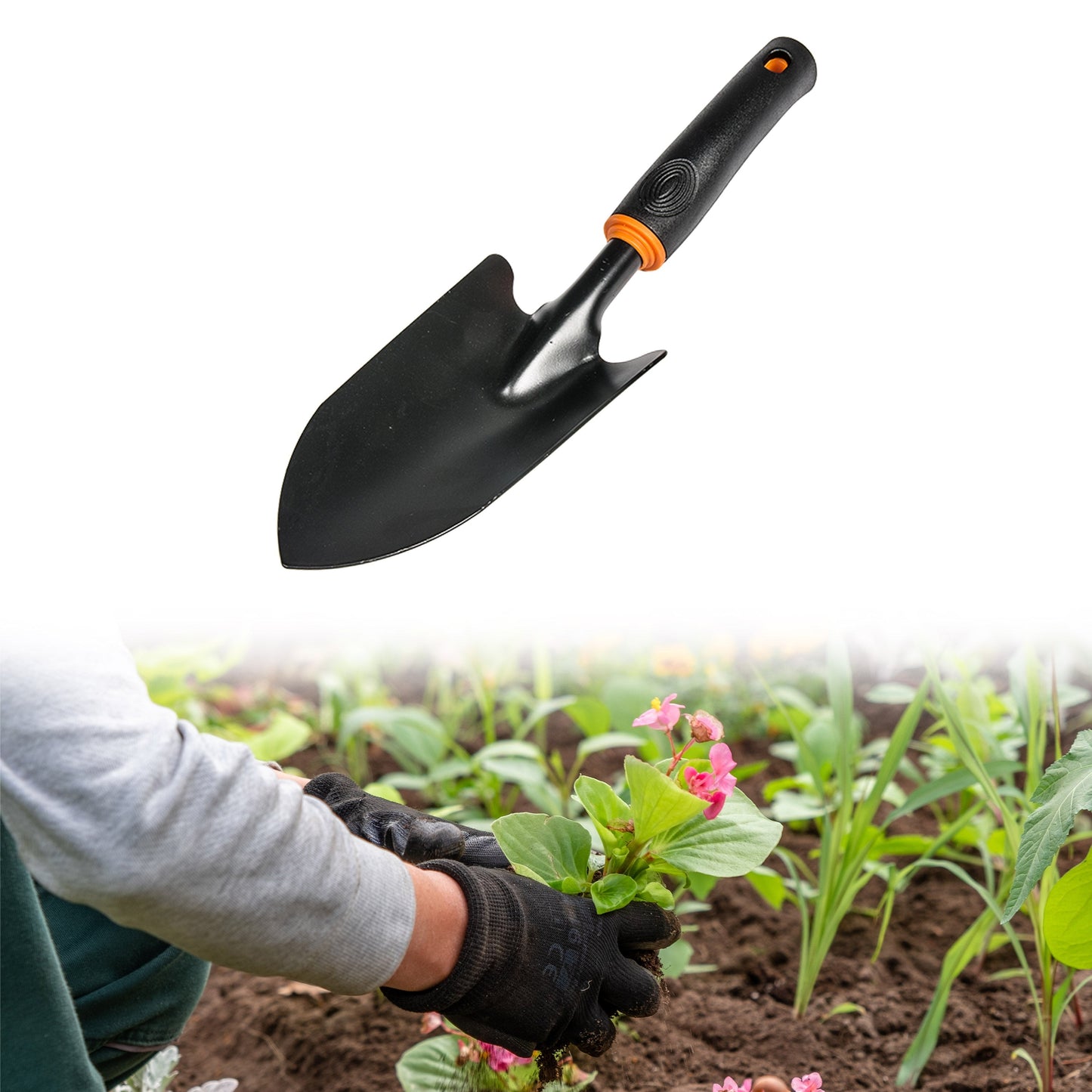 Wide Spade DE LUXE: schwarze Gartenschaufel mit orangefarbener Manschette am Griff.