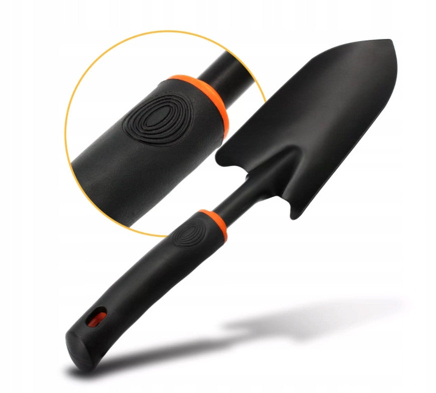 Wide Spade DE LUXE Griff mit Riffelstruktur und orangefarbenem Einsatz, schwarze Schaufel.